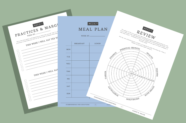 Three templates from Your Greatness Starter Pack: Deluxe Edition (Practices & Margins, Meal Plan, Weekly Review Coloring Wheel) spread out against an olive green background.